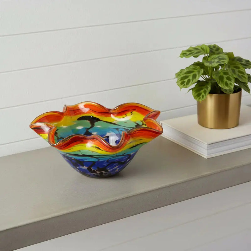 9" Rainbow Multi Art Glass Wavy Centerpiece Bowl Homeroots Kitchen & Dining