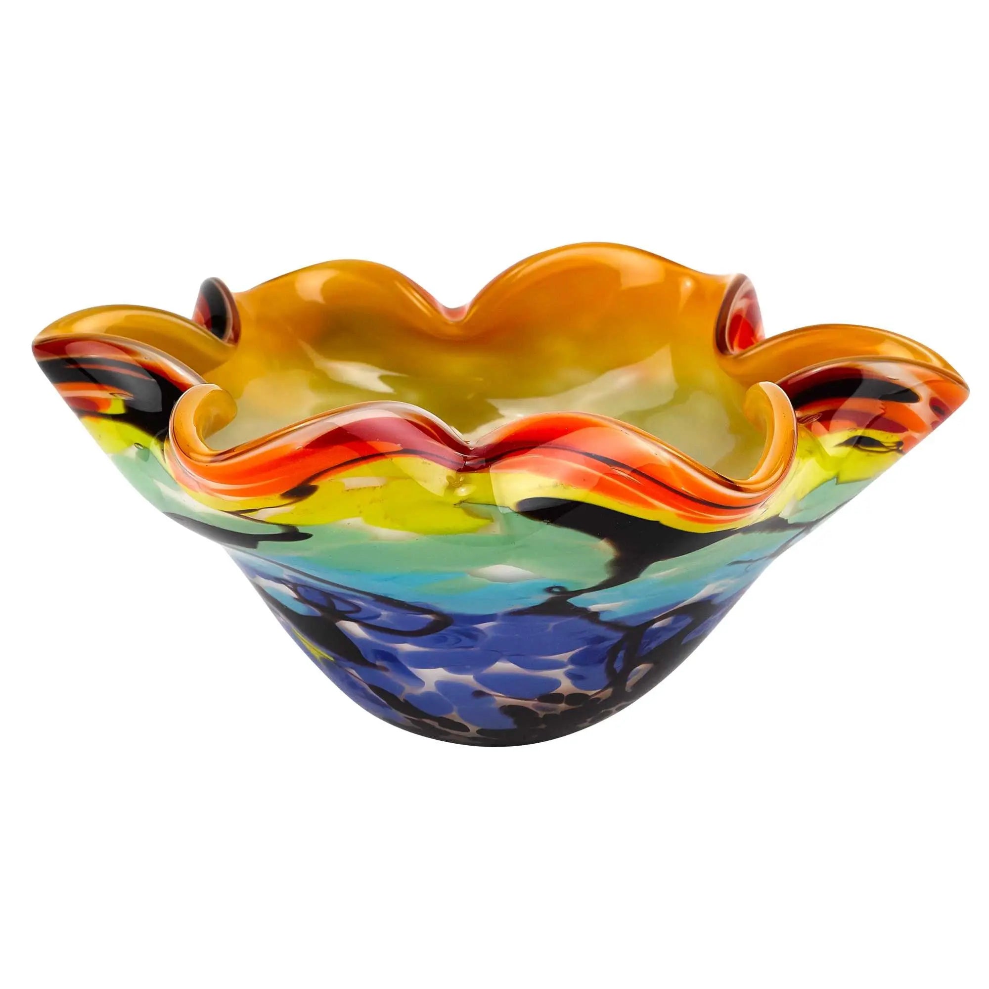 9" Rainbow Multi Art Glass Wavy Centerpiece Bowl Homeroots Kitchen & Dining