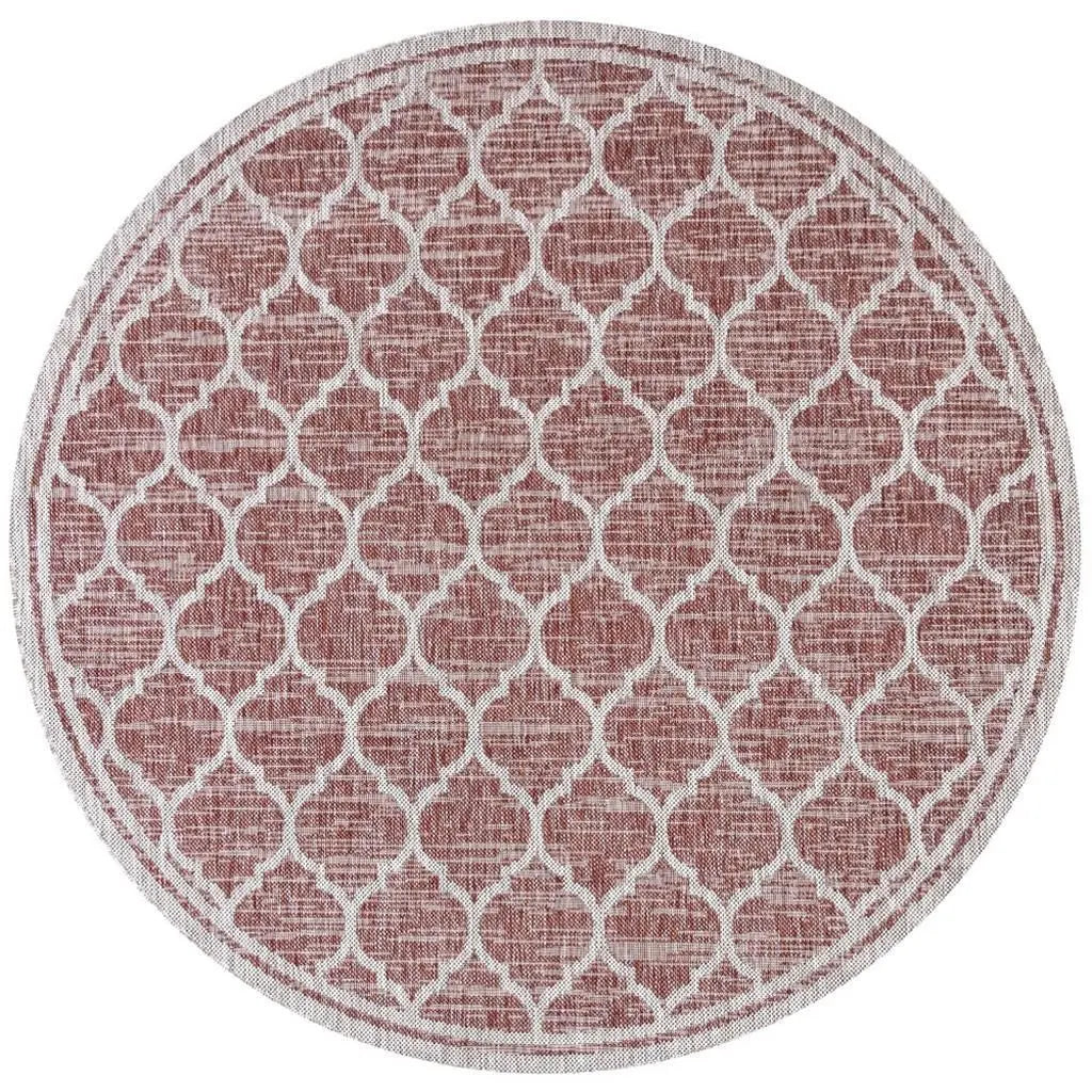 9' Red And Beige Round Geometric Indoor Outdoor Area Rug - GreatEagleInc