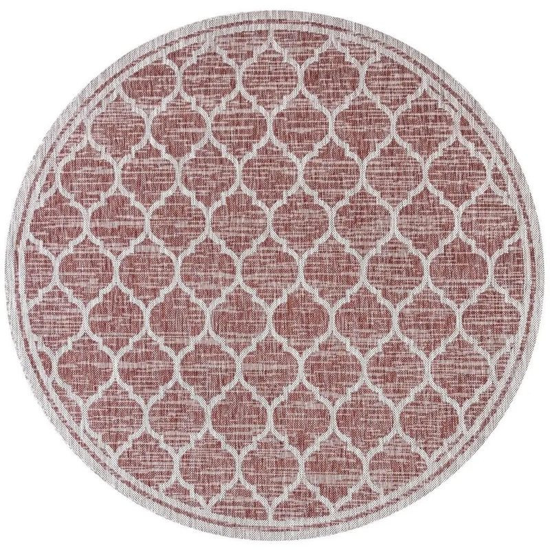 9' Red And Beige Round Geometric Indoor Outdoor Area Rug - GreatEagleInc