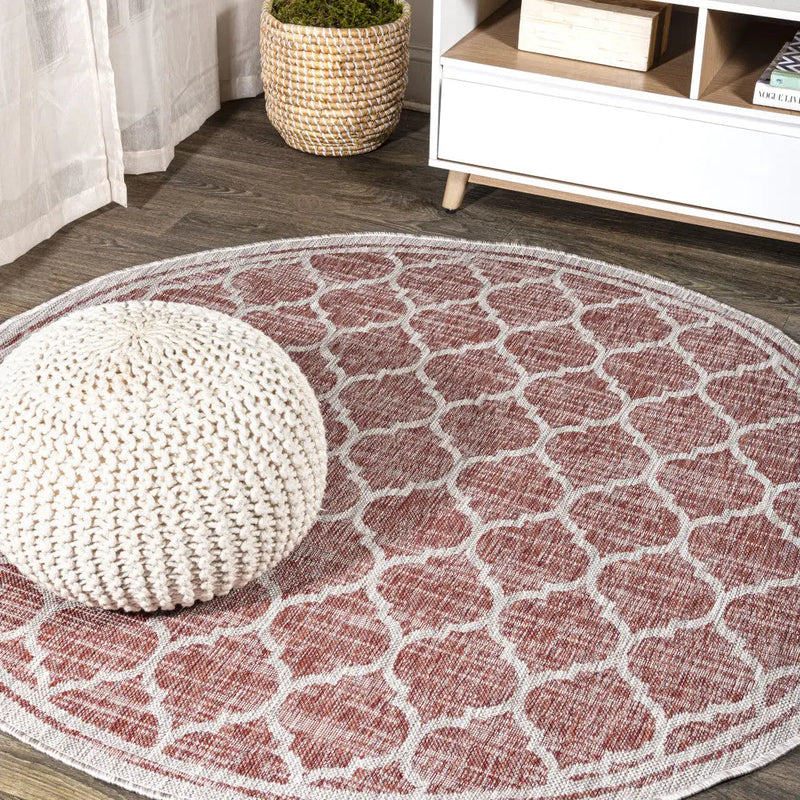 9' Red And Beige Round Geometric Indoor Outdoor Area Rug - GreatEagleInc
