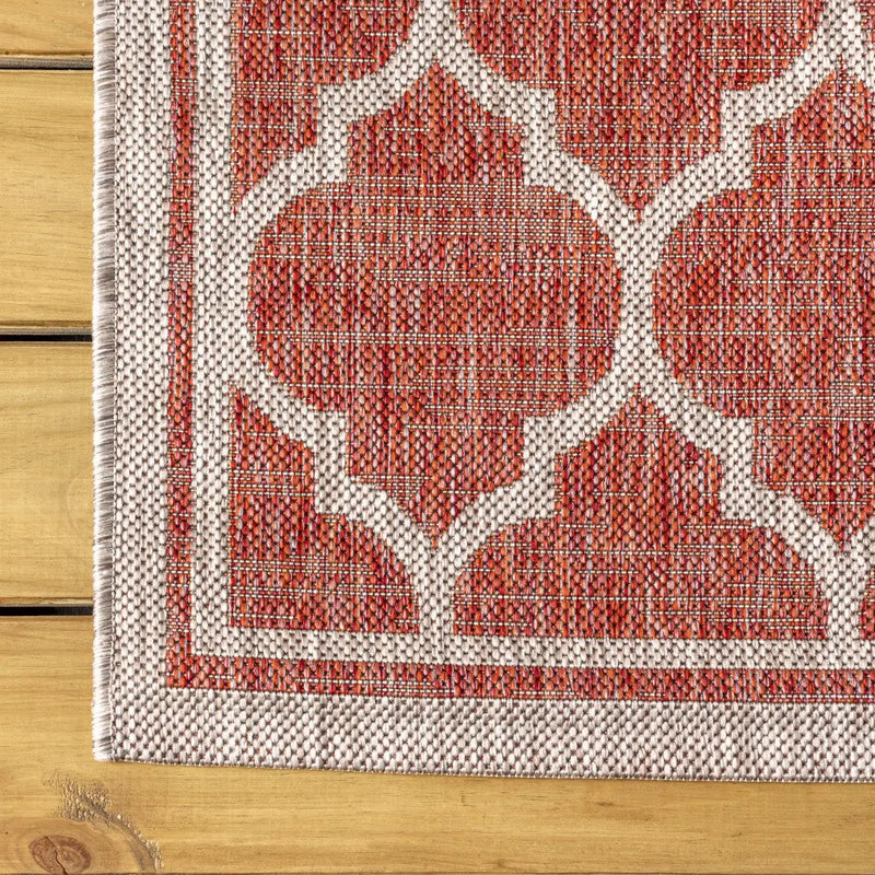 9' Red And Beige Square Geometric Indoor Outdoor Area Rug Homeroots Outdoor