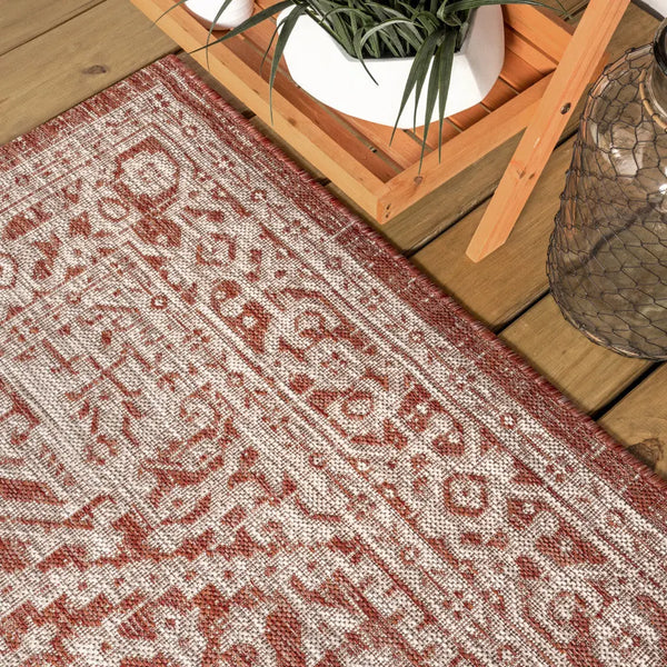 9' Red And Taupe Round Medallion Indoor Outdoor Area Rug - GreatEagleInc