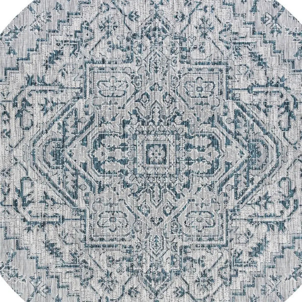 9' Teal Blue And Gray Round Medallion Indoor Outdoor Area Rug - GreatEagleInc
