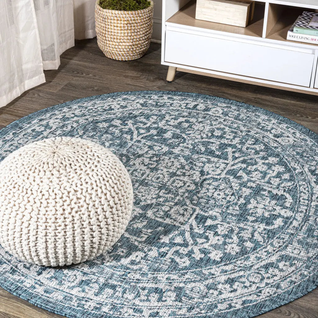 9' Teal Blue And Gray Round Medallion Indoor Outdoor Area Rug Homeroots Outdoor