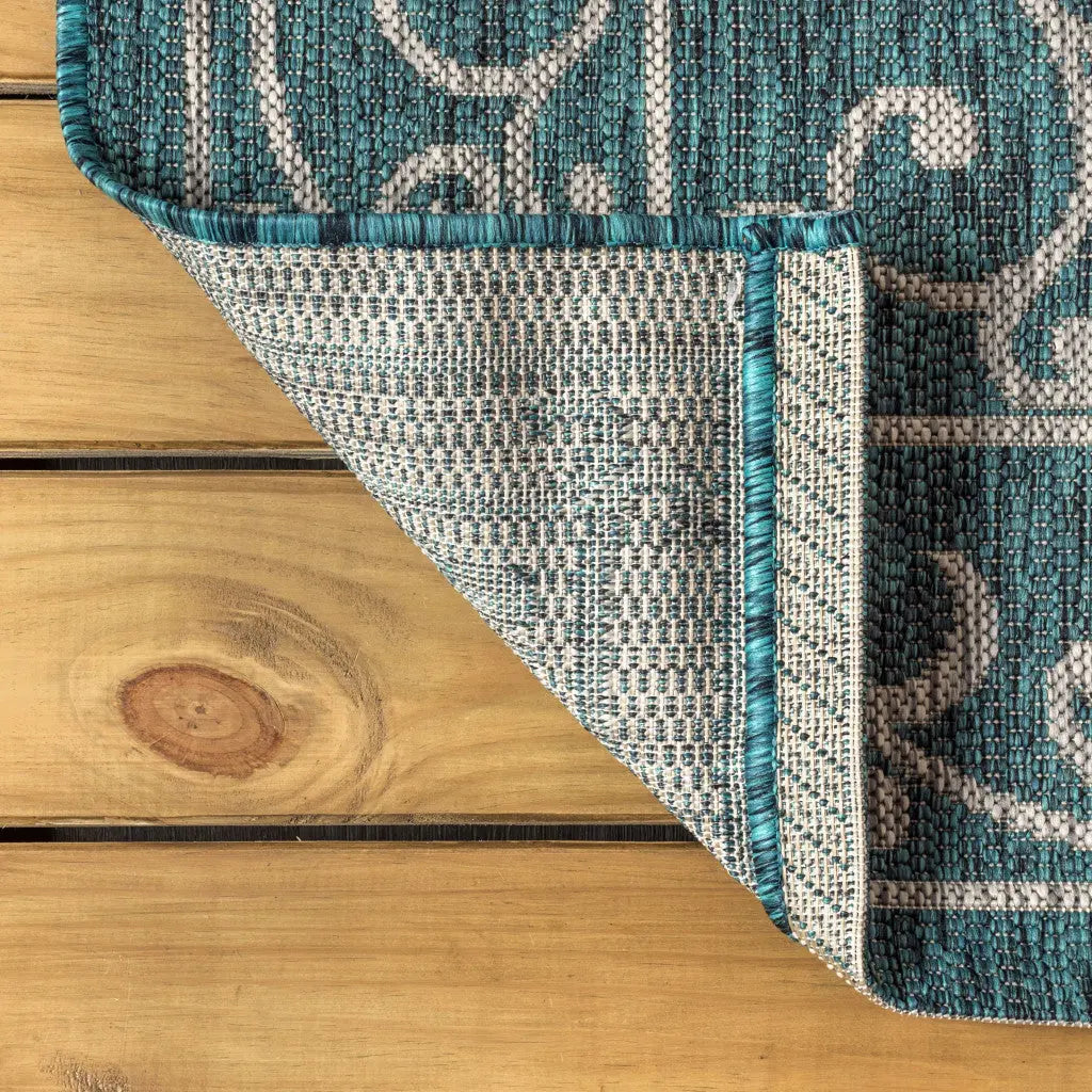9' Teal Blue And Gray Round Medallion Indoor Outdoor Area Rug Homeroots Outdoor