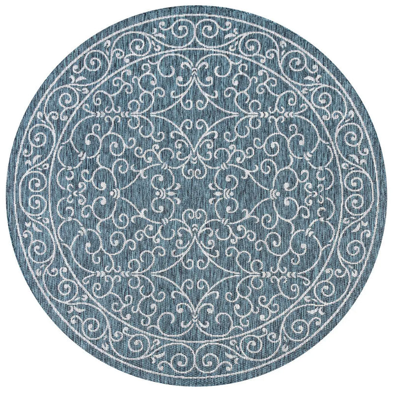 9' Teal Blue And Gray Round Medallion Indoor Outdoor Area Rug Homeroots Outdoor