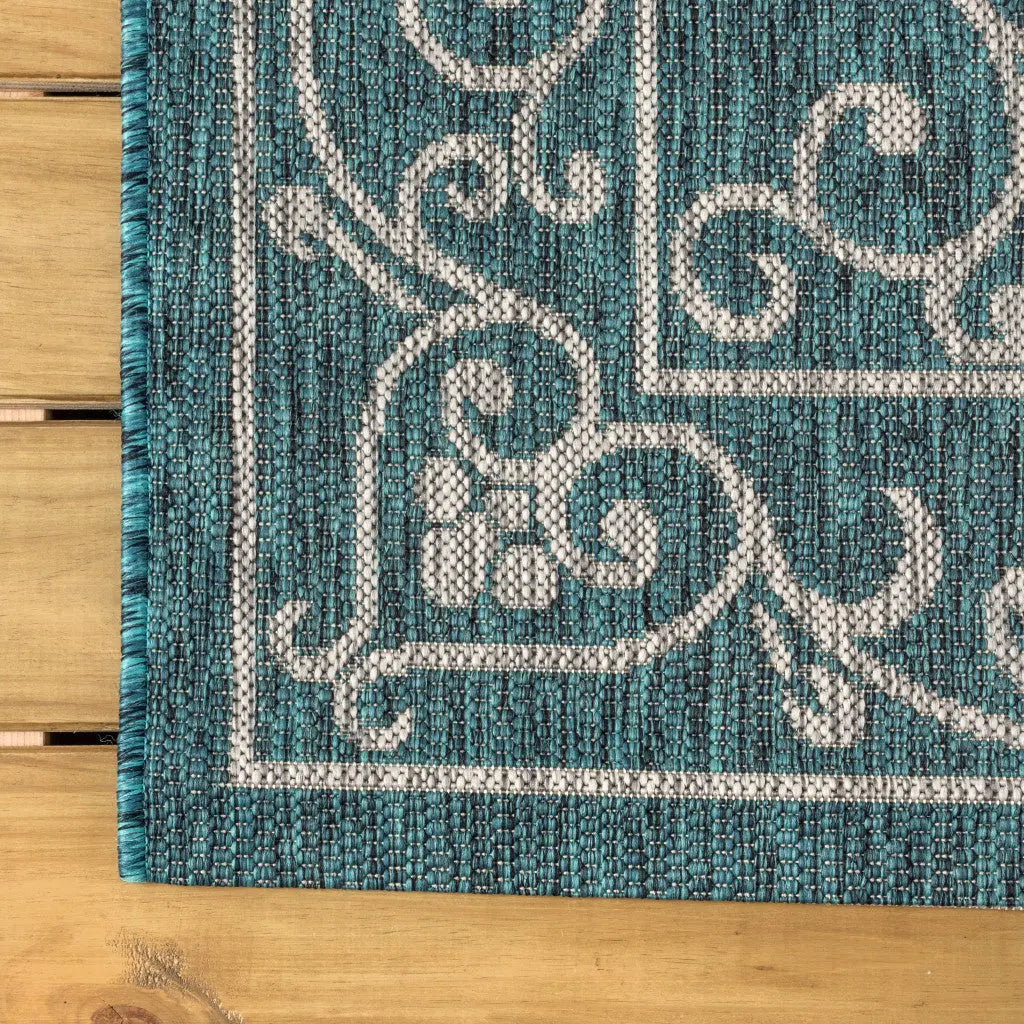 9' Teal Blue And Gray Round Medallion Indoor Outdoor Area Rug Homeroots Outdoor