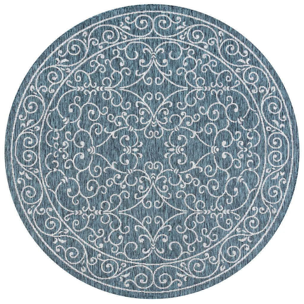 9' Teal Blue And Gray Round Medallion Indoor Outdoor Area Rug Homeroots Outdoor