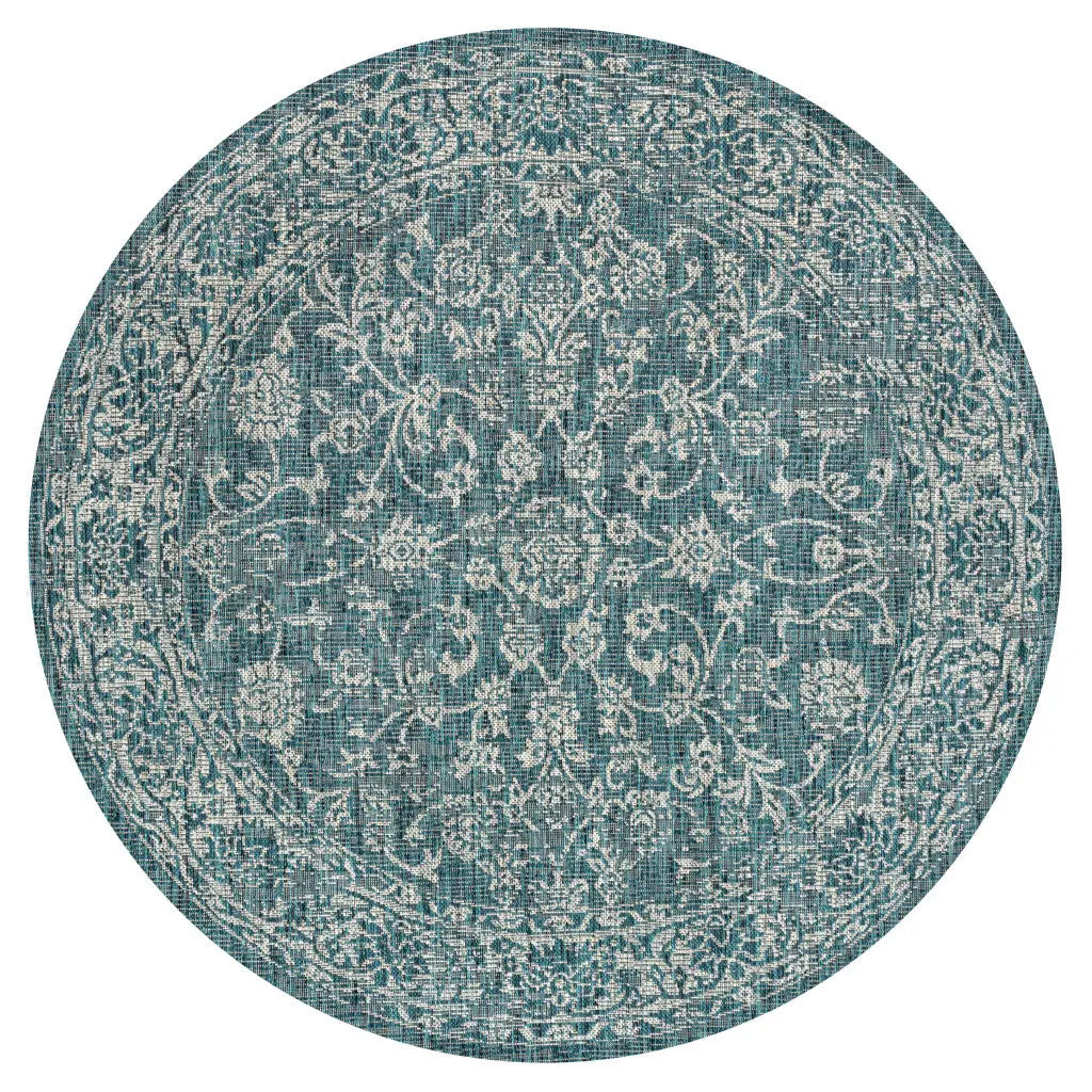 9' Teal Blue And Gray Round Medallion Indoor Outdoor Area Rug Homeroots Outdoor