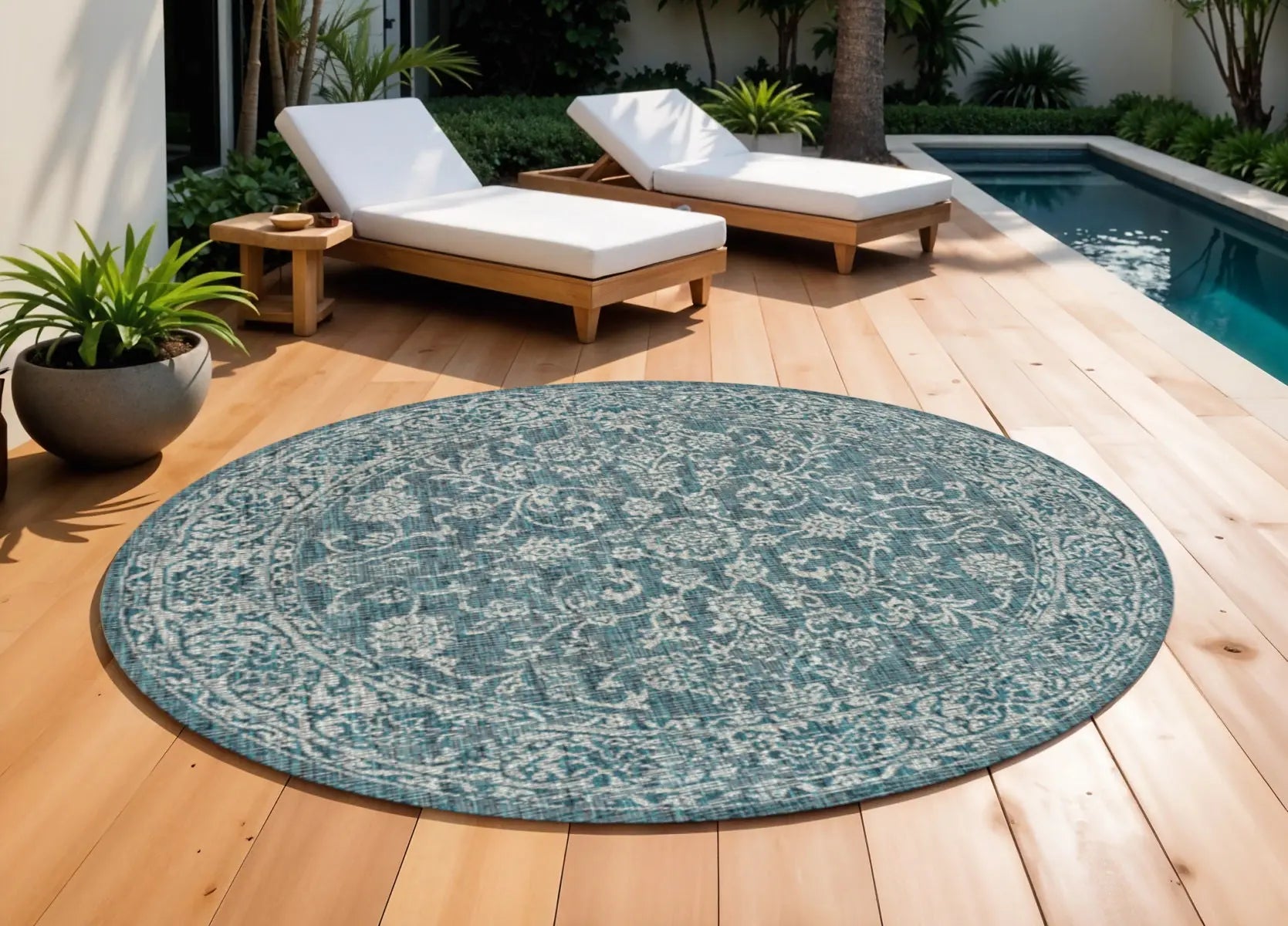 9' Teal Blue And Gray Round Medallion Indoor Outdoor Area Rug Homeroots Outdoor