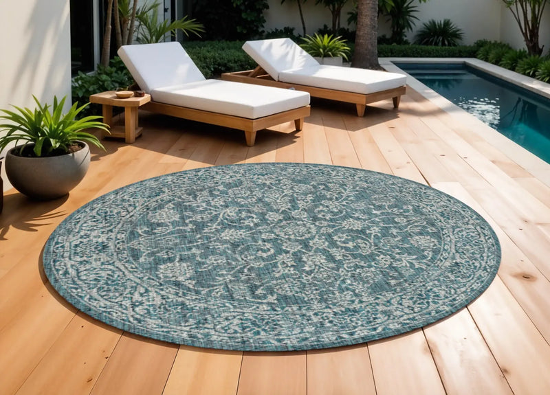9' Teal Blue And Gray Round Medallion Indoor Outdoor Area Rug Homeroots Outdoor