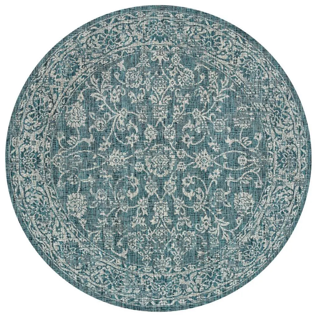 9' Teal Blue And Gray Round Medallion Indoor Outdoor Area Rug Homeroots Outdoor