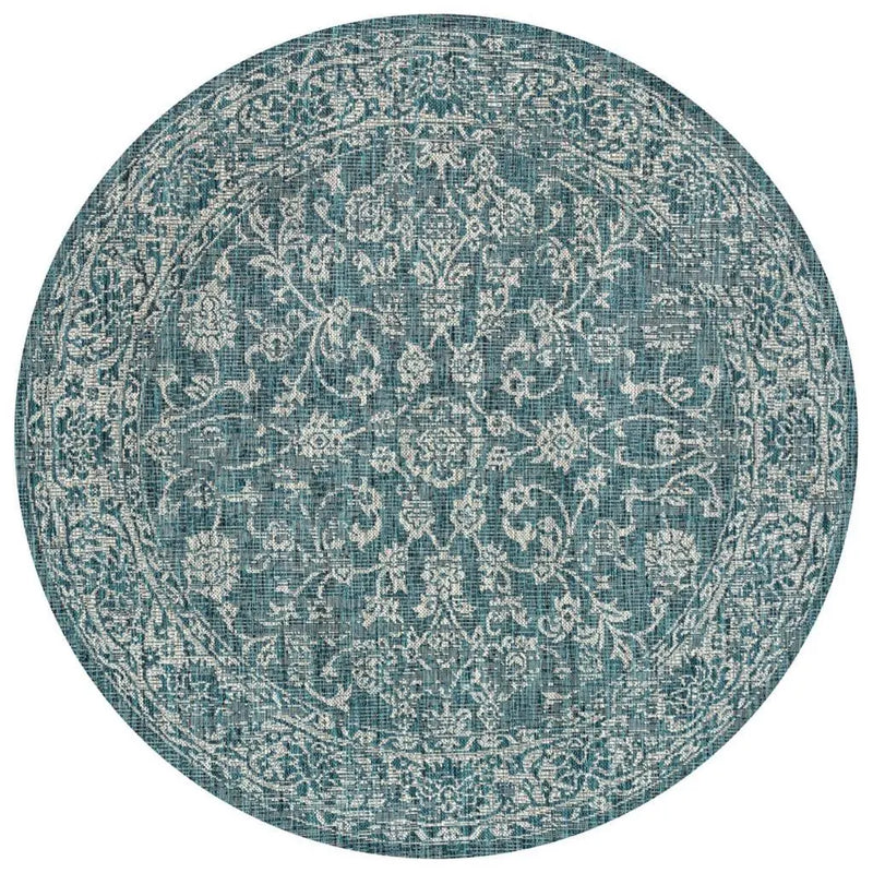 9' Teal Blue And Gray Round Medallion Indoor Outdoor Area Rug Homeroots Outdoor