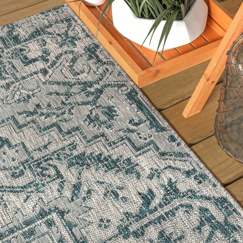 9' Teal Blue And Gray Square Medallion Indoor Outdoor Area Rug Homeroots Outdoor
