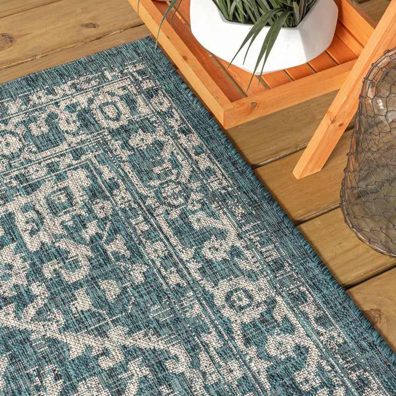 9' Teal Blue And Gray Square Medallion Indoor Outdoor Area Rug Homeroots Outdoor