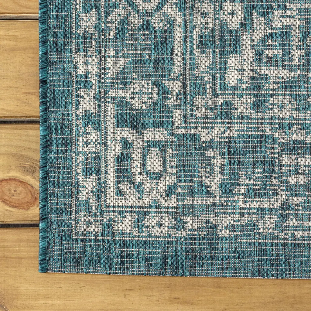 9' Teal Blue And Gray Square Medallion Indoor Outdoor Area Rug Homeroots Outdoor