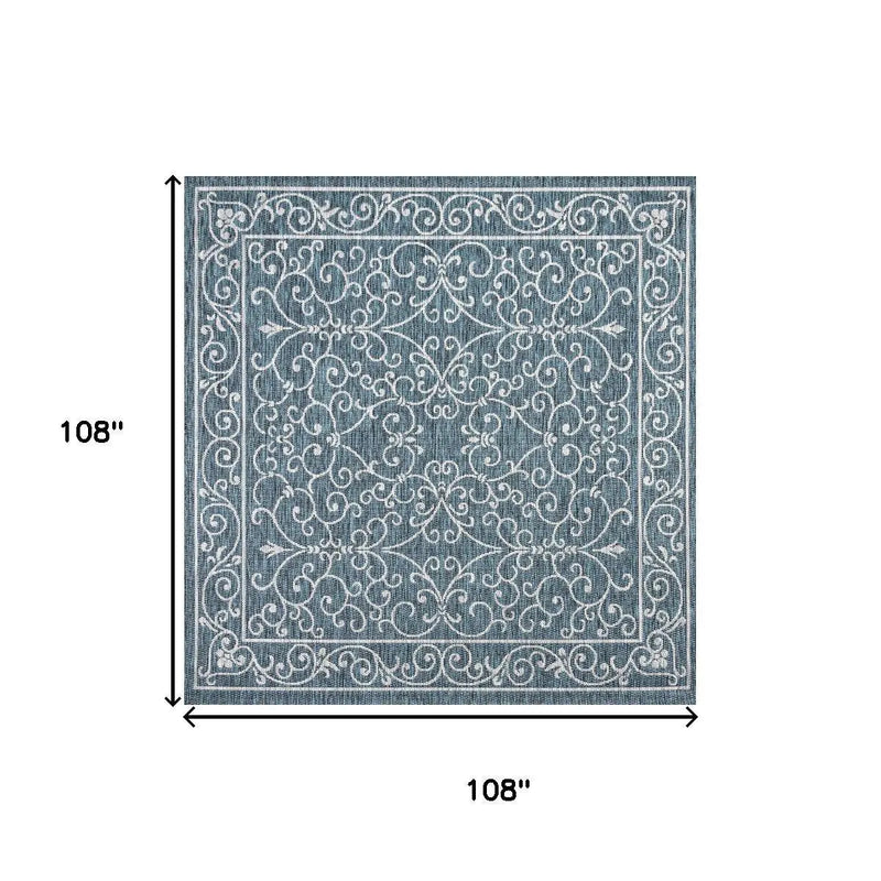 9' Teal Blue And Gray Square Medallion Indoor Outdoor Area Rug Homeroots Outdoor
