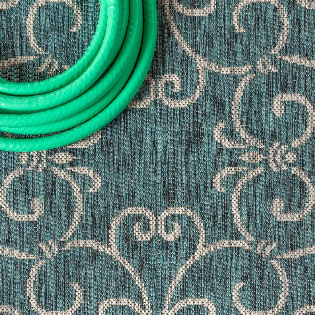 9' Teal Blue And Gray Square Medallion Indoor Outdoor Area Rug Homeroots Outdoor