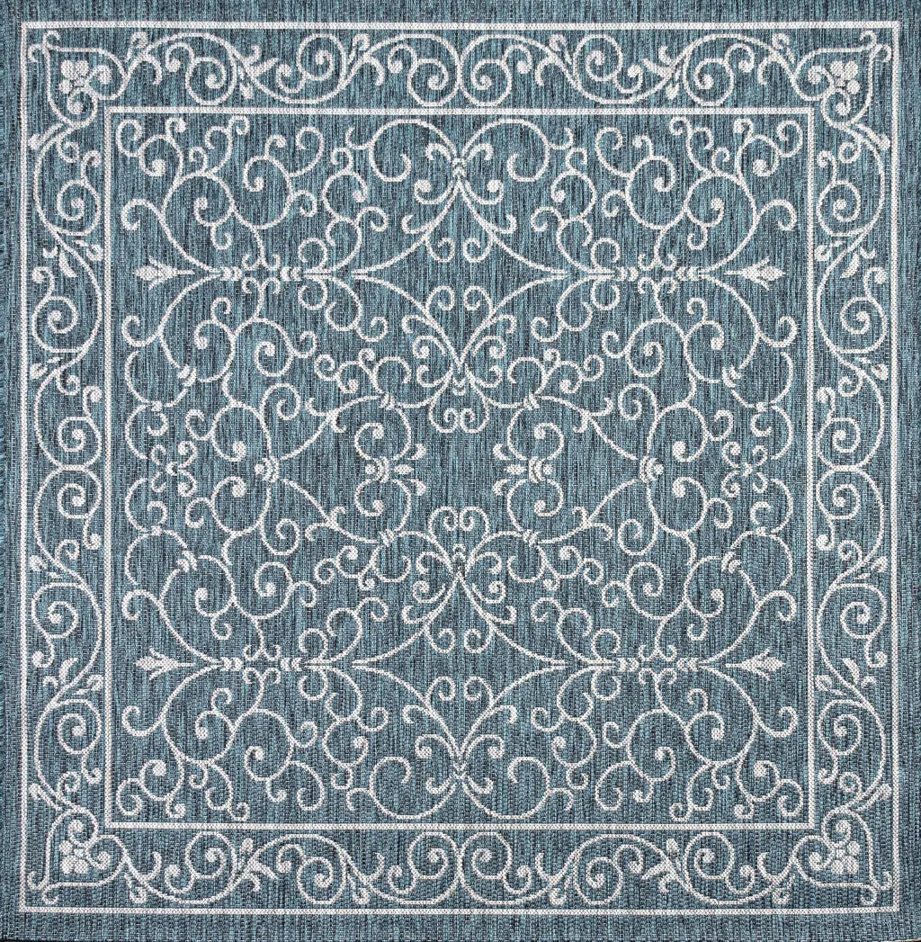 9' Teal Blue And Gray Square Medallion Indoor Outdoor Area Rug Homeroots Outdoor