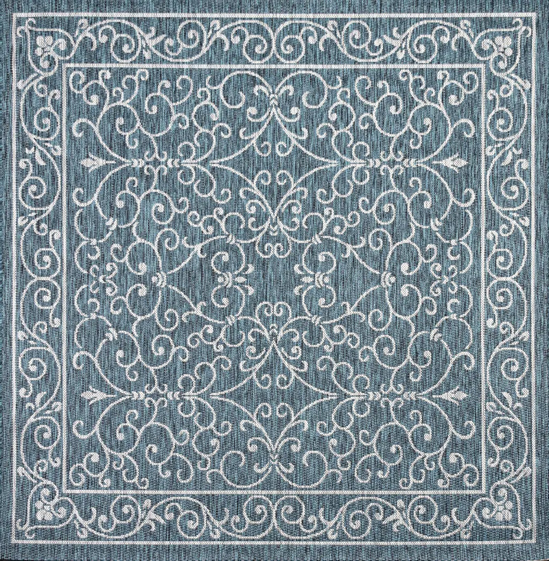 9' Teal Blue And Gray Square Medallion Indoor Outdoor Area Rug Homeroots Outdoor