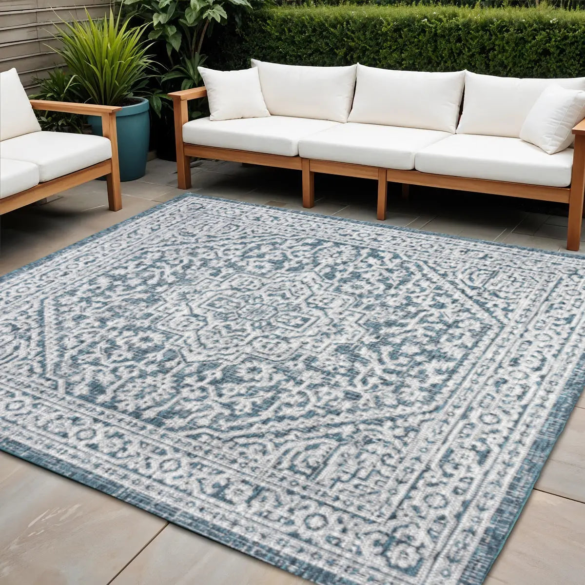 9' Teal Blue And Gray Square Medallion Indoor Outdoor Area Rug Homeroots Outdoor