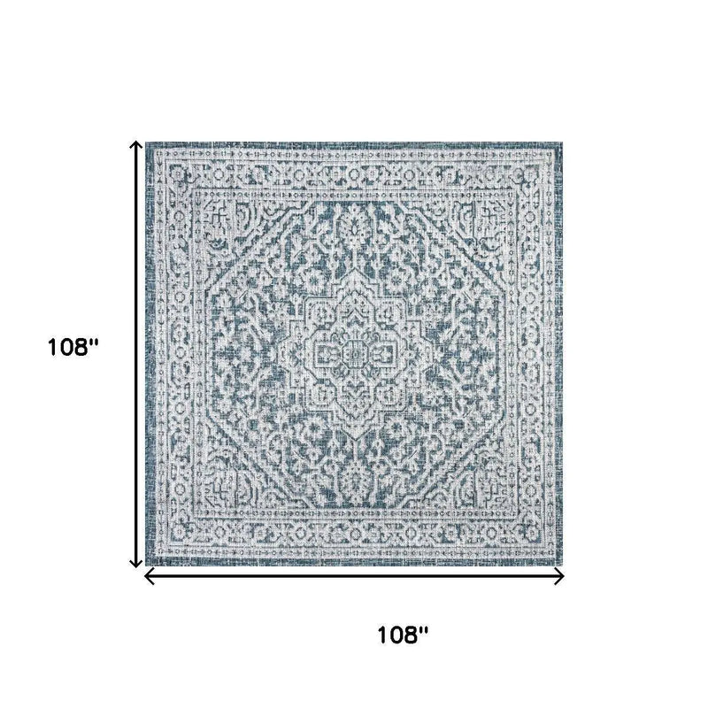9' Teal Blue And Gray Square Medallion Indoor Outdoor Area Rug Homeroots Outdoor