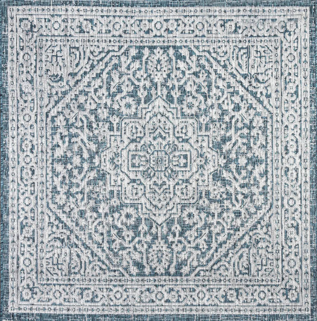 9' Teal Blue And Gray Square Medallion Indoor Outdoor Area Rug Homeroots Outdoor