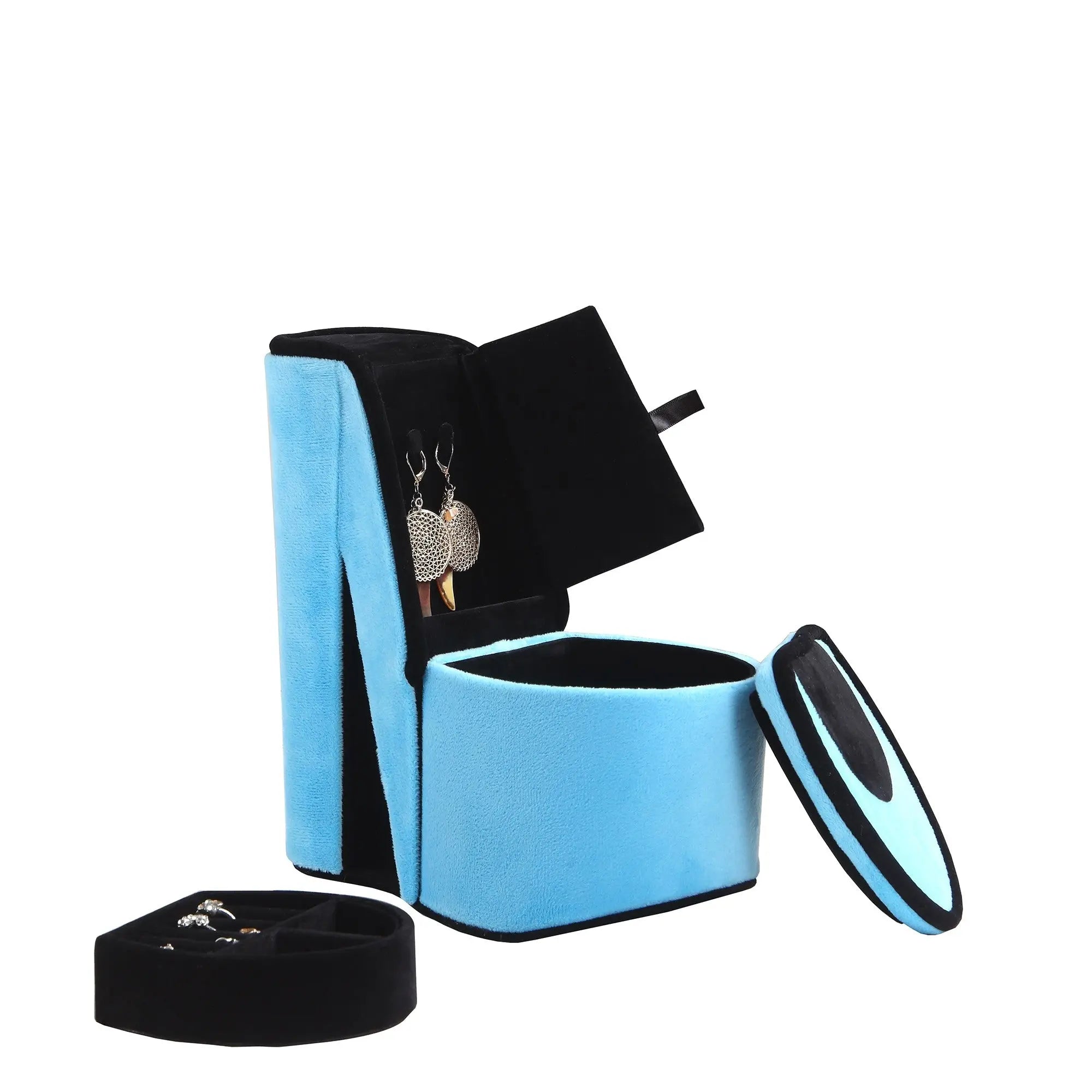9" Turquoise And Black Velvet High Heel Jewelry Box Homeroots Organization