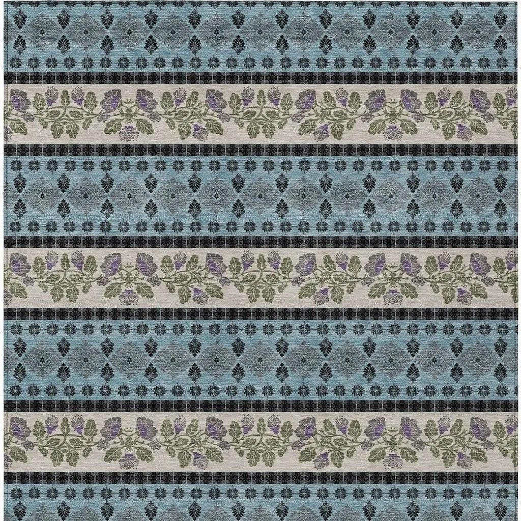 9' X 12' Aqua And Charcoal Striped Washable Indoor Outdoor Area Rug Homeroots Outdoor