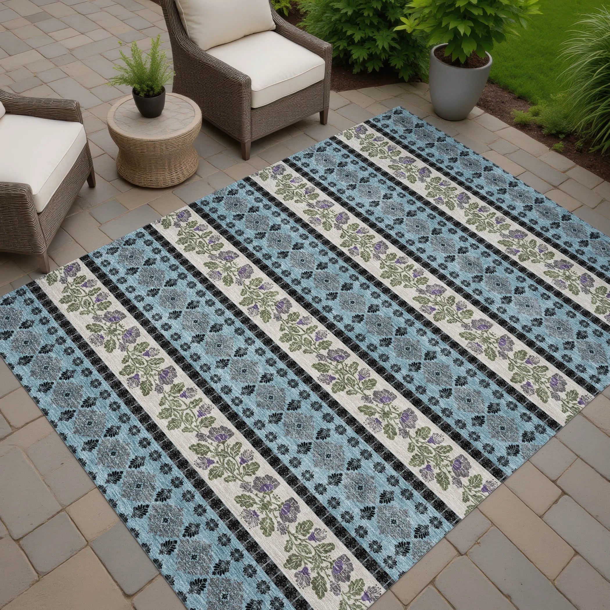 9' X 12' Aqua And Charcoal Striped Washable Indoor Outdoor Area Rug Homeroots Outdoor