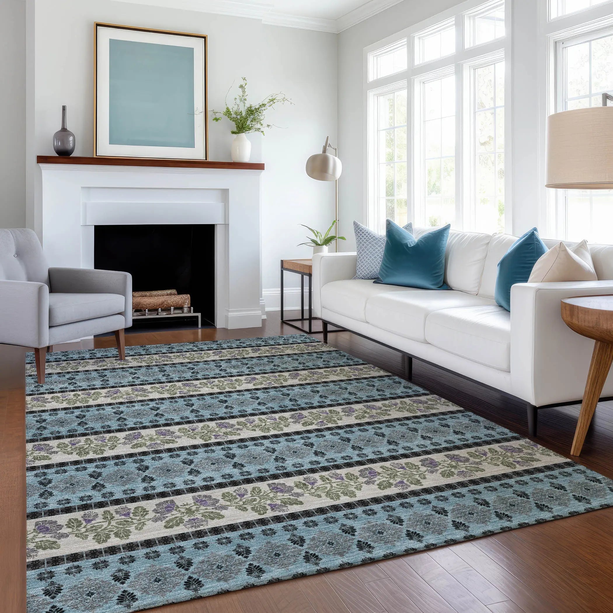 9' X 12' Aqua And Charcoal Striped Washable Indoor Outdoor Area Rug Homeroots Outdoor