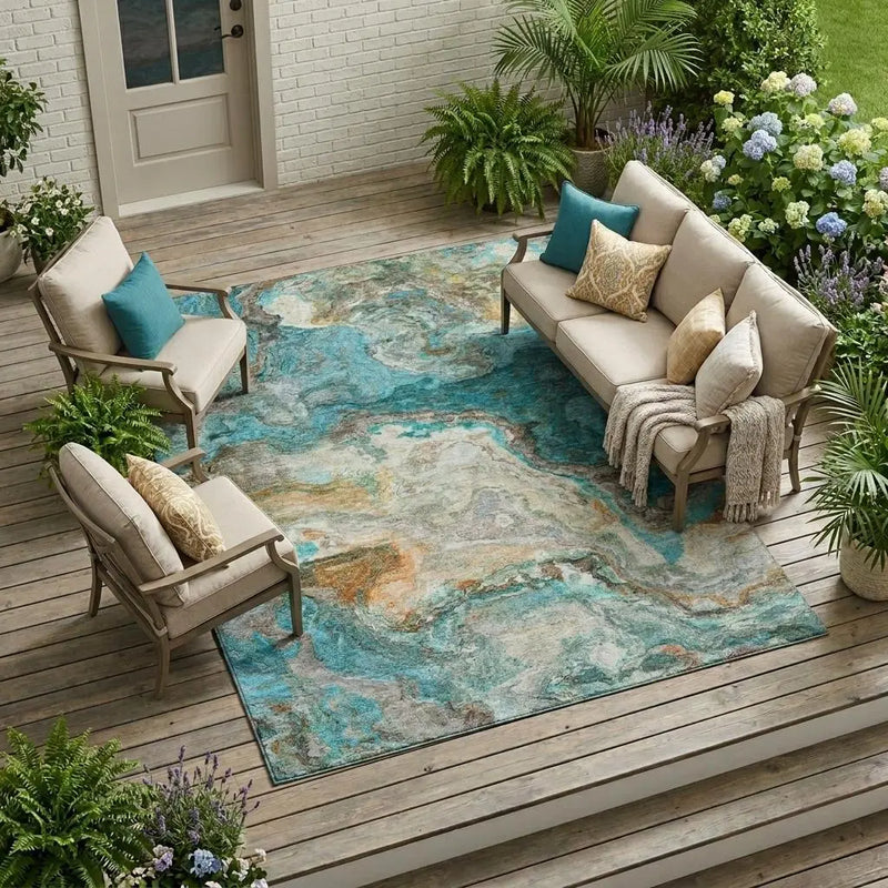 9' X 12' Aqua And Teal Blue Abstract Washable Indoor Outdoor Area Rug Homeroots Outdoor