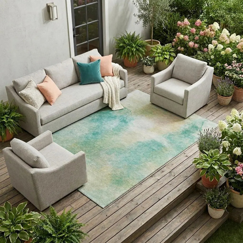 9' X 12' Aqua And Teal Blue Abstract Washable Indoor Outdoor Area Rug Homeroots Outdoor