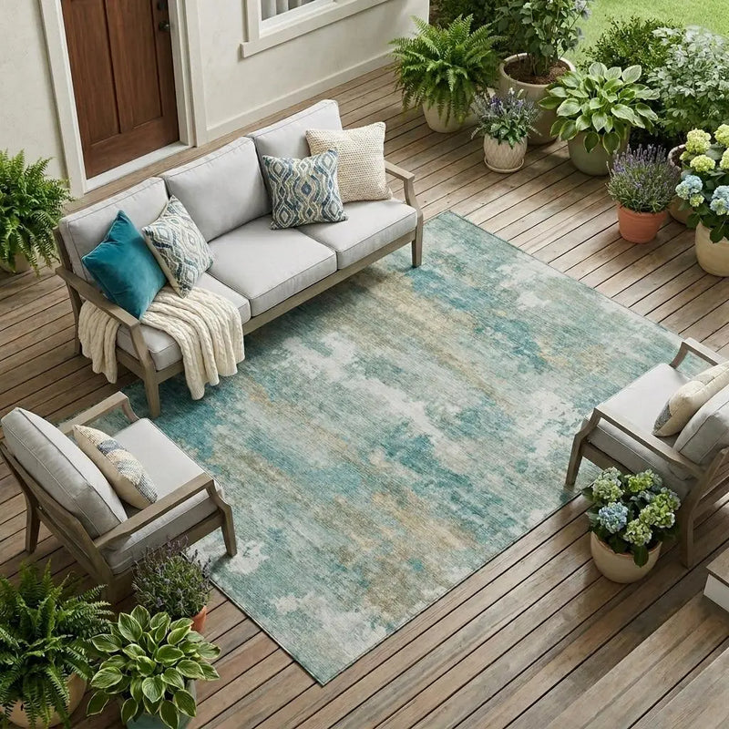 9' X 12' Aqua And Teal Blue Abstract Washable Indoor Outdoor Area Rug Homeroots Outdoor