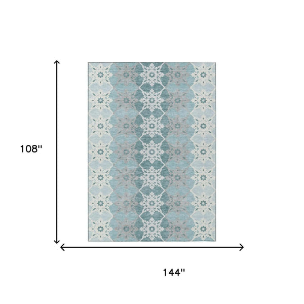 9' X 12' Aqua And Teal Blue Floral Medallion Washable Indoor Outdoor Area Rug Homeroots Outdoor