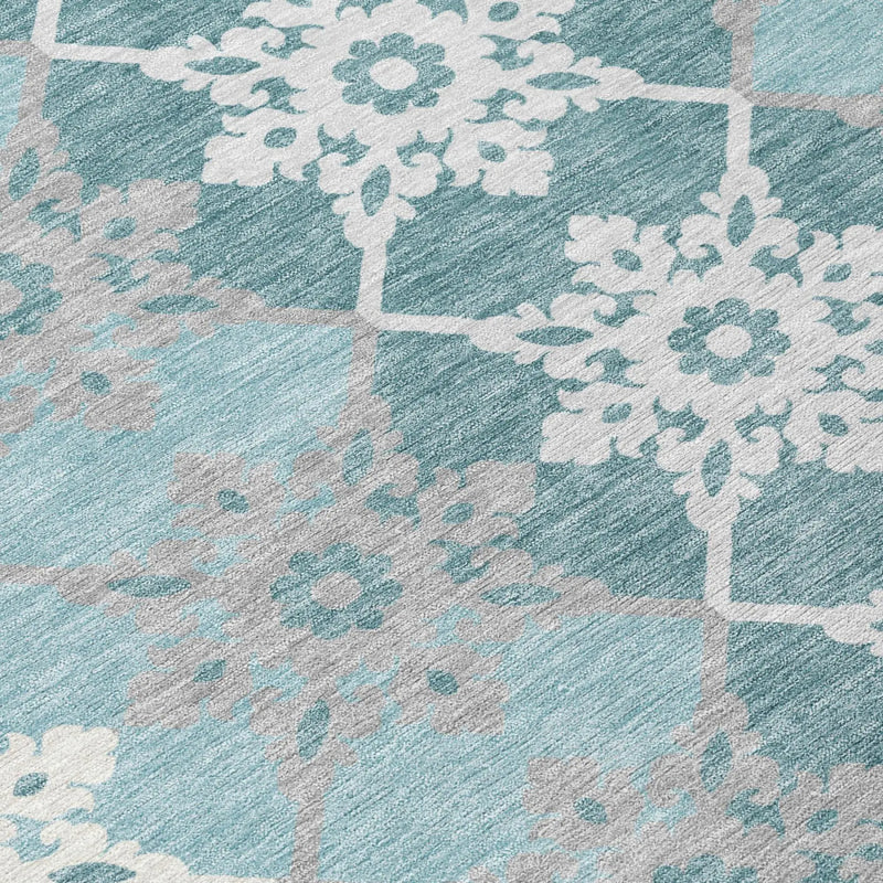 9' X 12' Aqua And Teal Blue Floral Medallion Washable Indoor Outdoor Area Rug Homeroots Outdoor