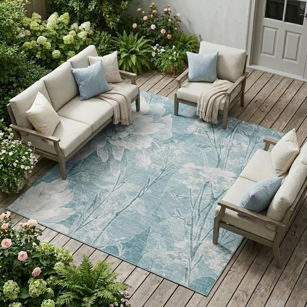 9' X 12' Aqua And Teal Blue Floral Washable Indoor Outdoor Area Rug Homeroots Outdoor