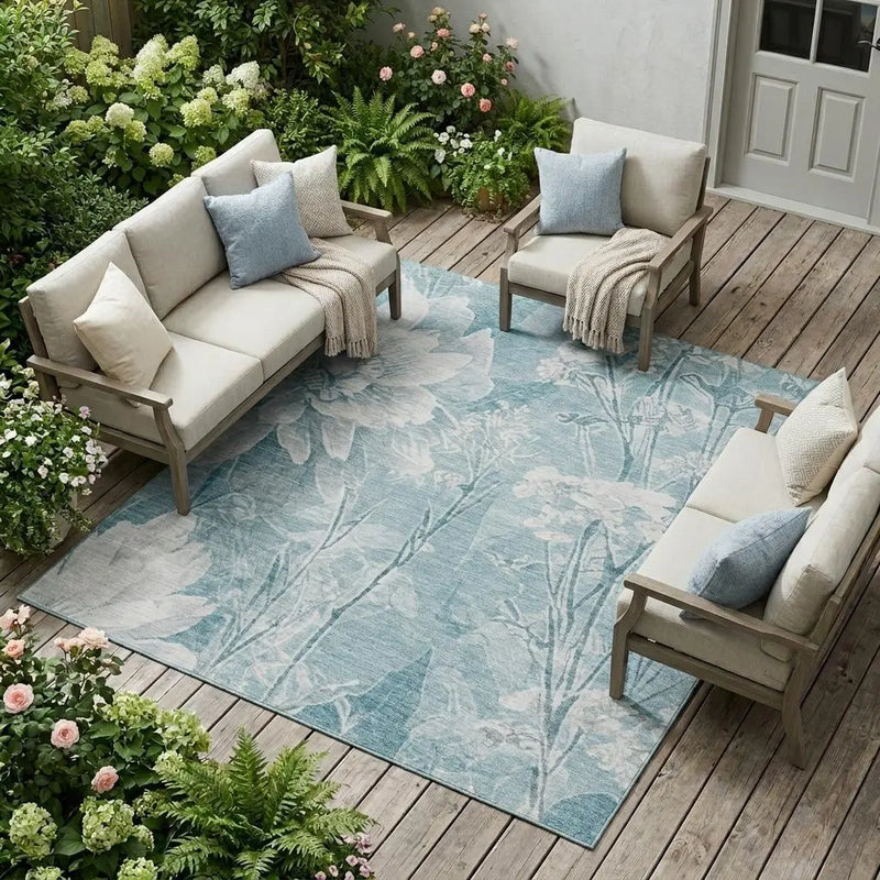 9' X 12' Aqua And Teal Blue Floral Washable Indoor Outdoor Area Rug Homeroots Outdoor