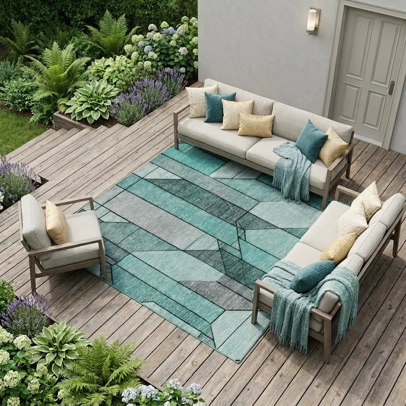 9' X 12' Aqua And Teal Blue Geometric Washable Indoor Outdoor Area Rug Homeroots Outdoor