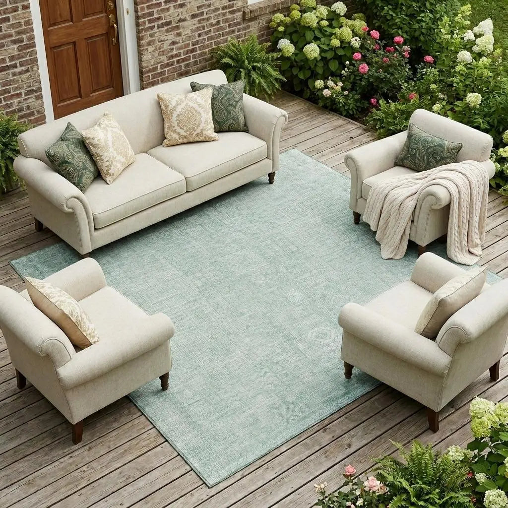 9' X 12' Aqua And Teal Blue Oriental Washable Indoor Outdoor Area Rug Homeroots Outdoor