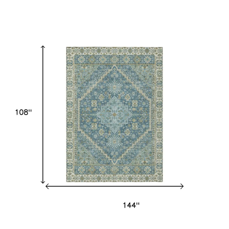 9' X 12' Aqua And Teal Blue Oriental Washable Indoor Outdoor Area Rug Homeroots Outdoor