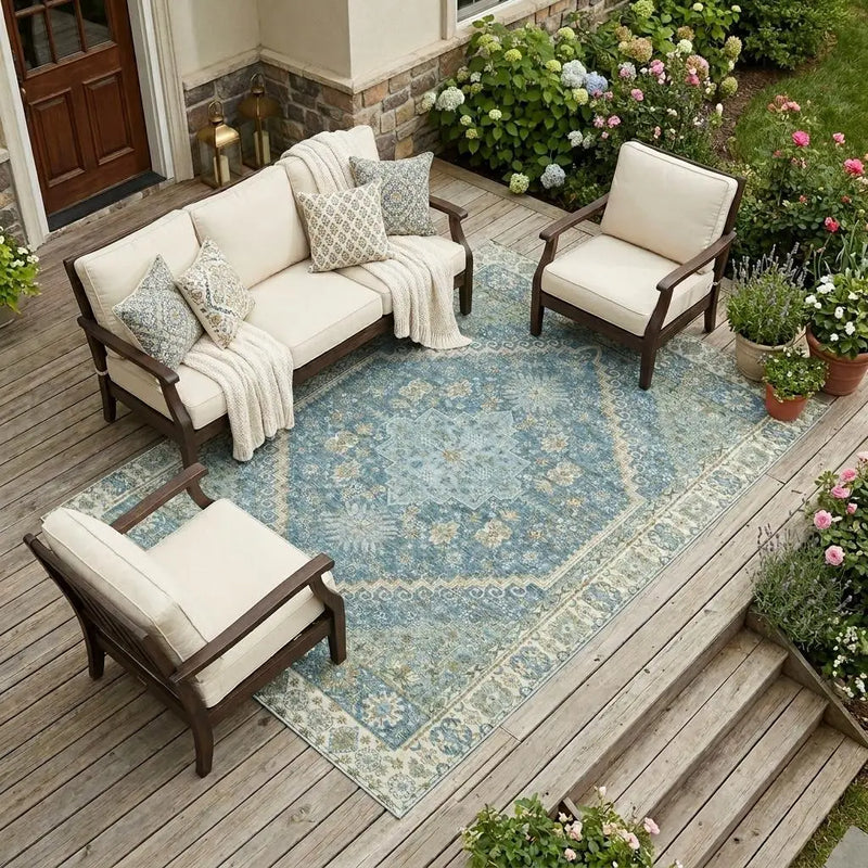 9' X 12' Aqua And Teal Blue Oriental Washable Indoor Outdoor Area Rug Homeroots Outdoor