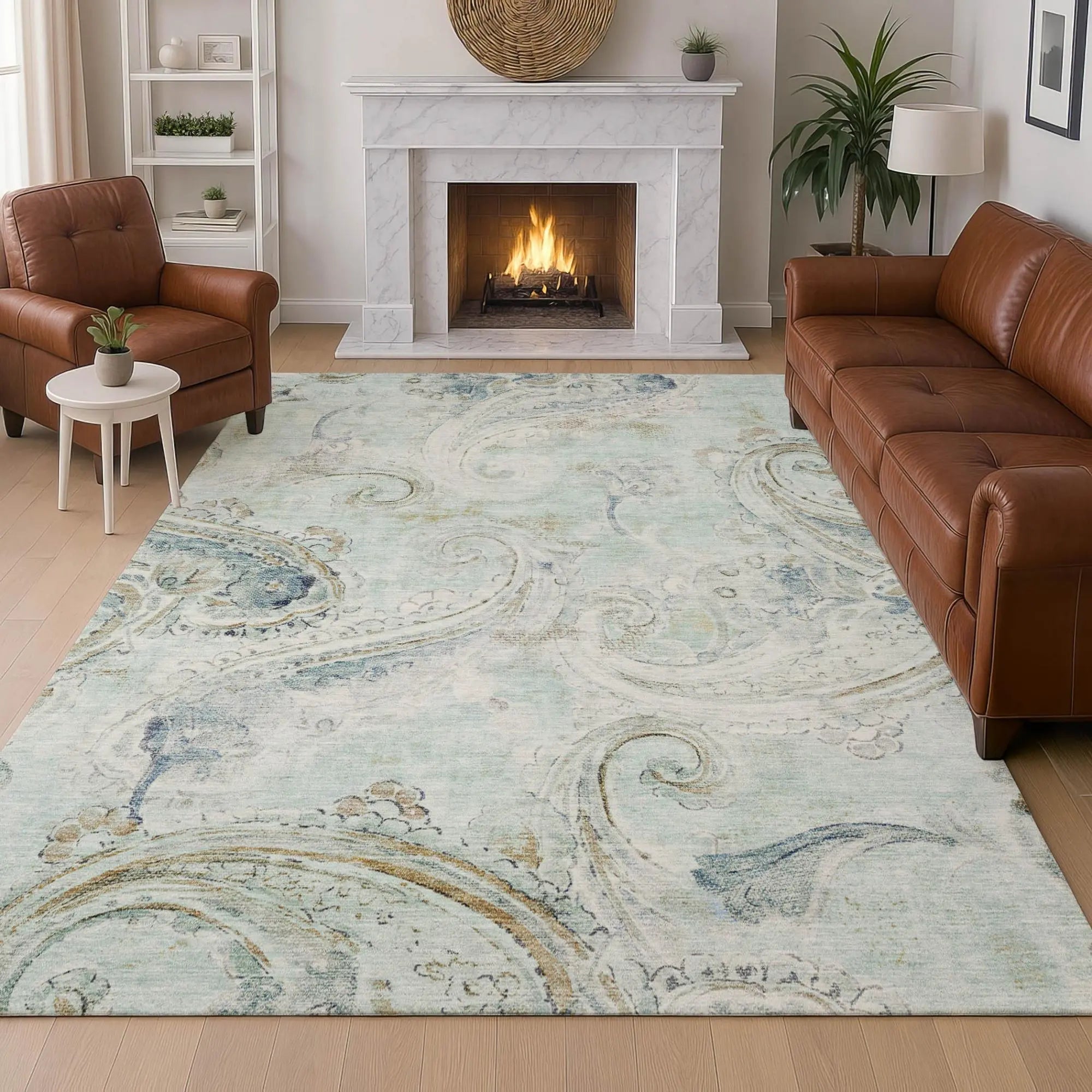 9' X 12' Aqua And Teal Blue Paisley Washable Indoor Outdoor Area Rug Homeroots Outdoor