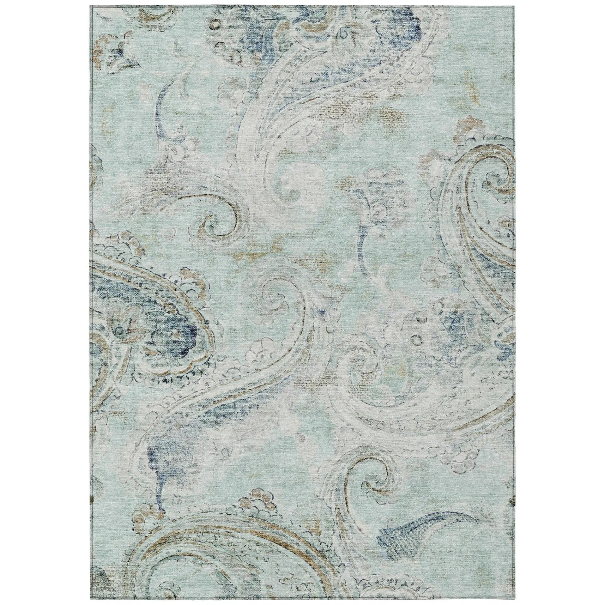 9' X 12' Aqua And Teal Blue Paisley Washable Indoor Outdoor Area Rug Homeroots Outdoor