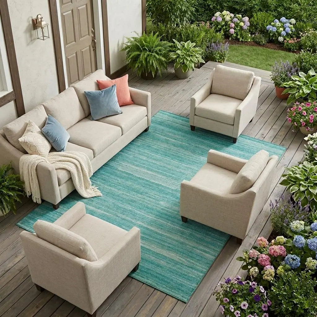 9' X 12' Aqua And Teal Blue Striped Washable Indoor Outdoor Area Rug Homeroots Outdoor