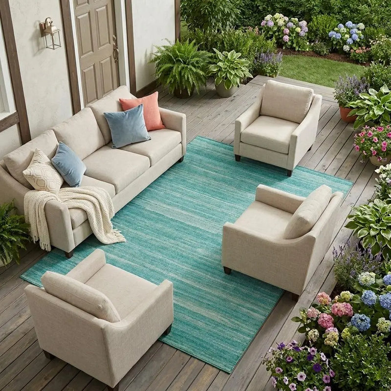 9' X 12' Aqua And Teal Blue Striped Washable Indoor Outdoor Area Rug Homeroots Outdoor