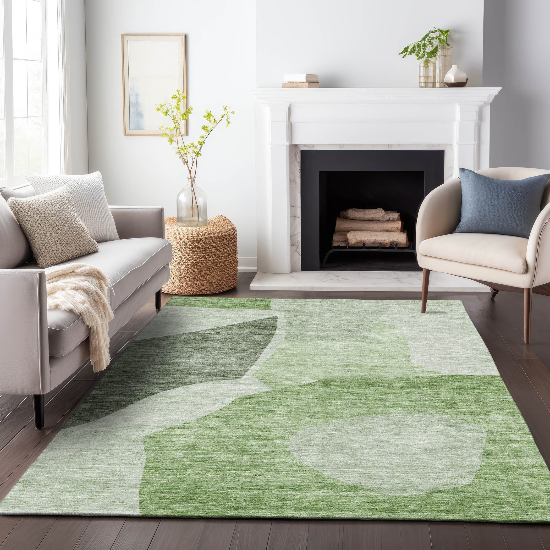 9' X 12' Artichoke Green And Ivory Abstract Washable Area Rug With UV Protection Homeroots Home Decor