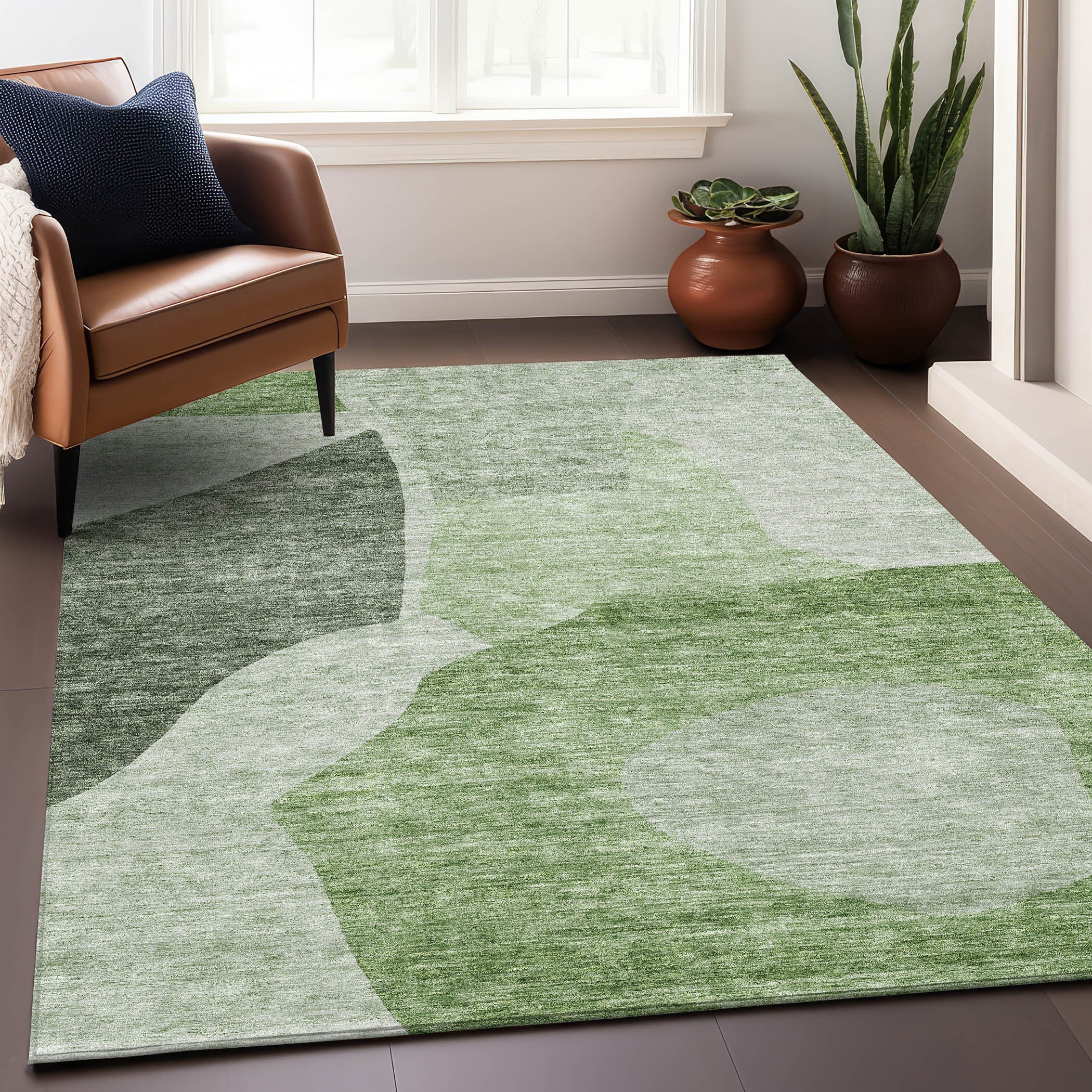 9' X 12' Artichoke Green And Ivory Abstract Washable Area Rug With UV Protection Homeroots Home Decor
