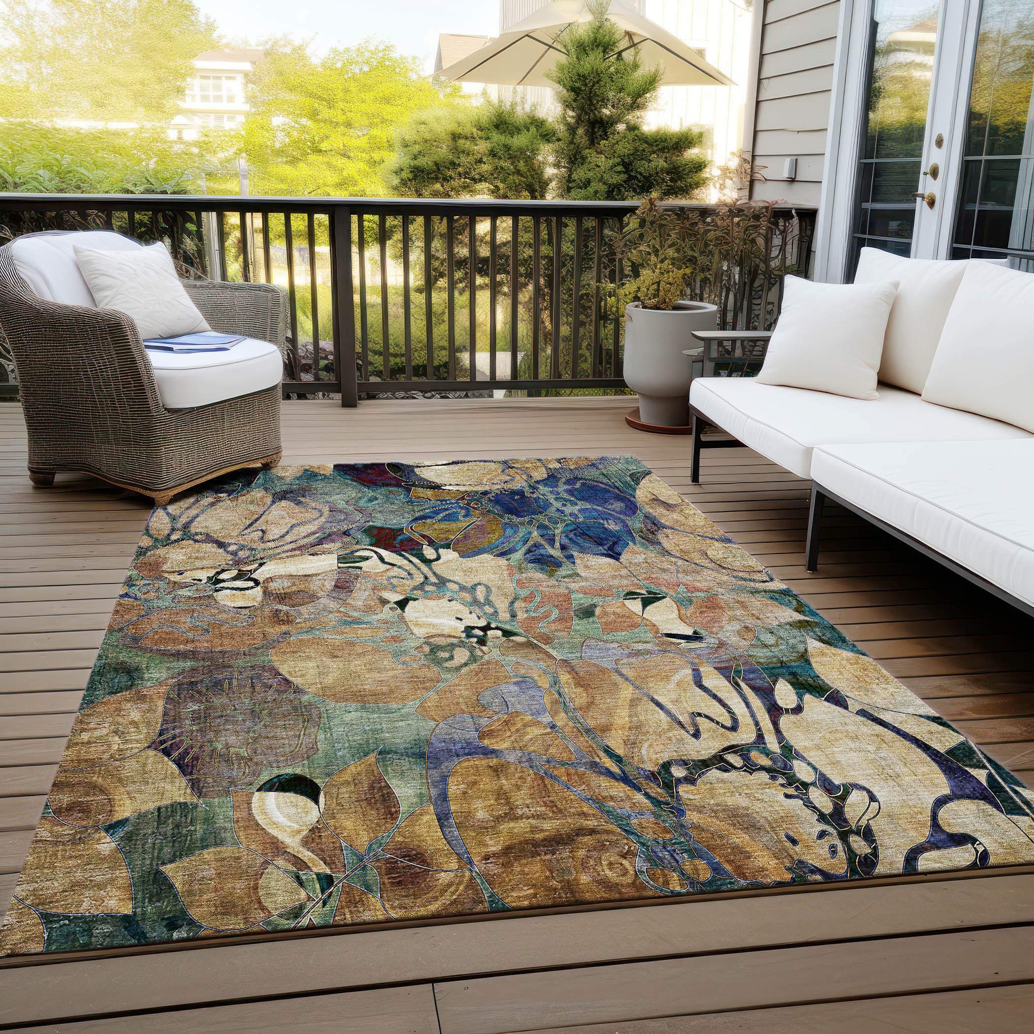 9' X 12' Beige And Blue Abstract Washable Indoor Outdoor Area Rug - GreatEagleInc